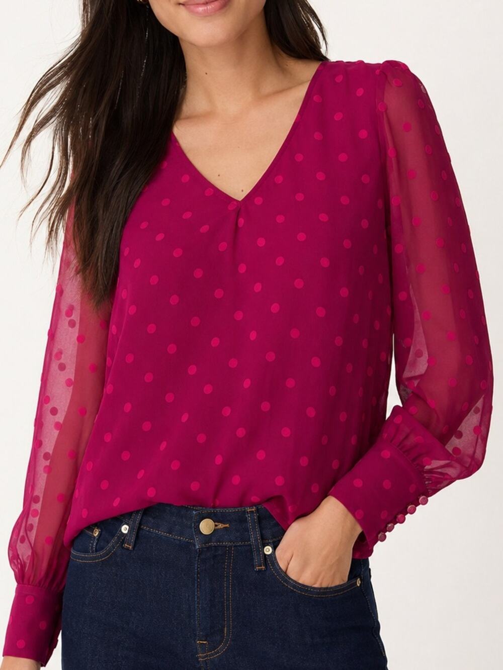 J.Crew XXS Fuchsia Swiss Dot Sheer Sleeve Blouse Pink V Neck Top